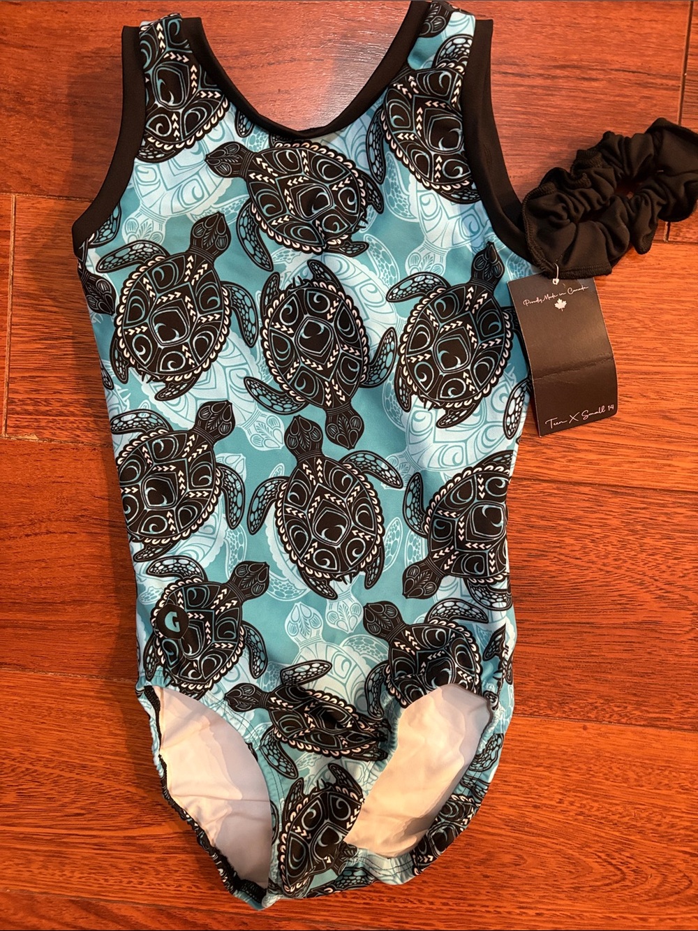 Girls' Aqua Sea Turtle gymnastics leotard with Black Trim